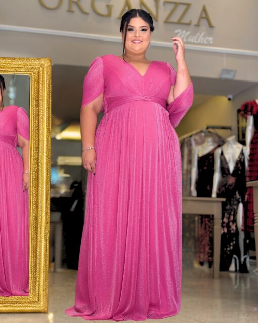 Vestido de Festa Plus Size, pink, capa xale, tecido brilho.