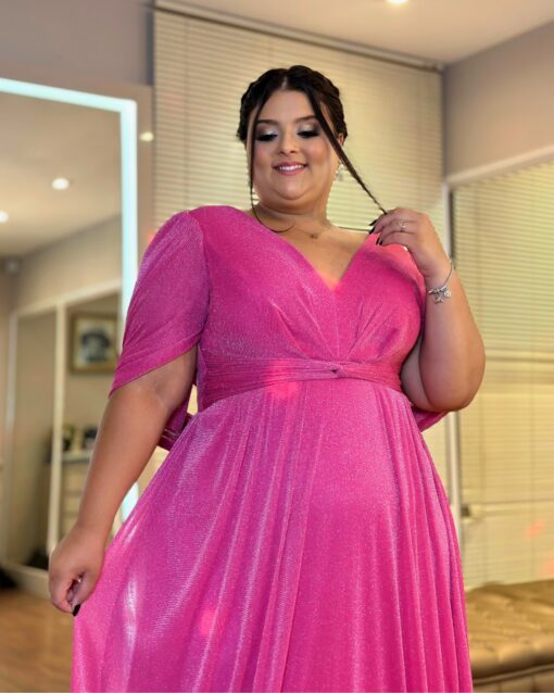 Vestido de Festa Plus Size, pink, capa xale, tecido brilho.